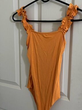 Ruffled Strap Orange Ribbed Tank Top - Women